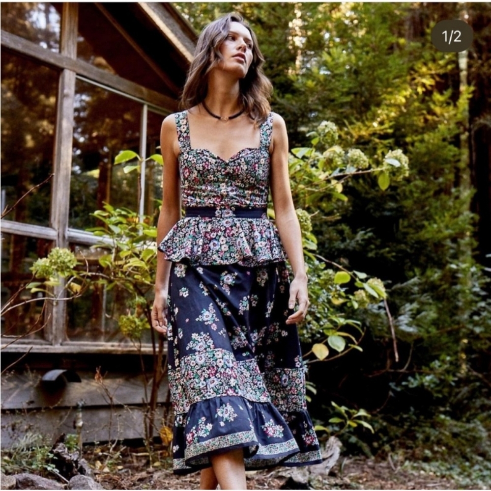 Hunter Bell Lacey Floral Patchwork Ruffle Peplum Midi Dress - Picture 2 of 10